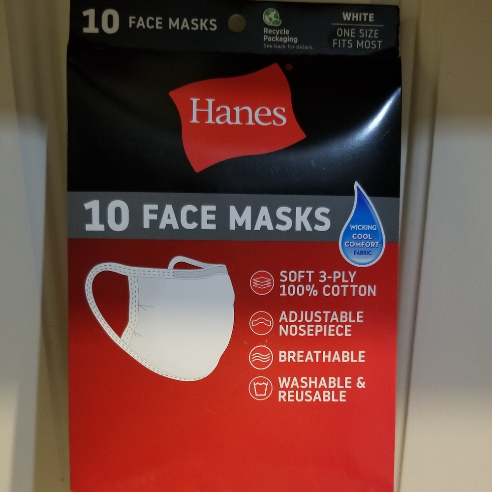10 Pack Hanes Reusable Washable White Cotton Masks NEW